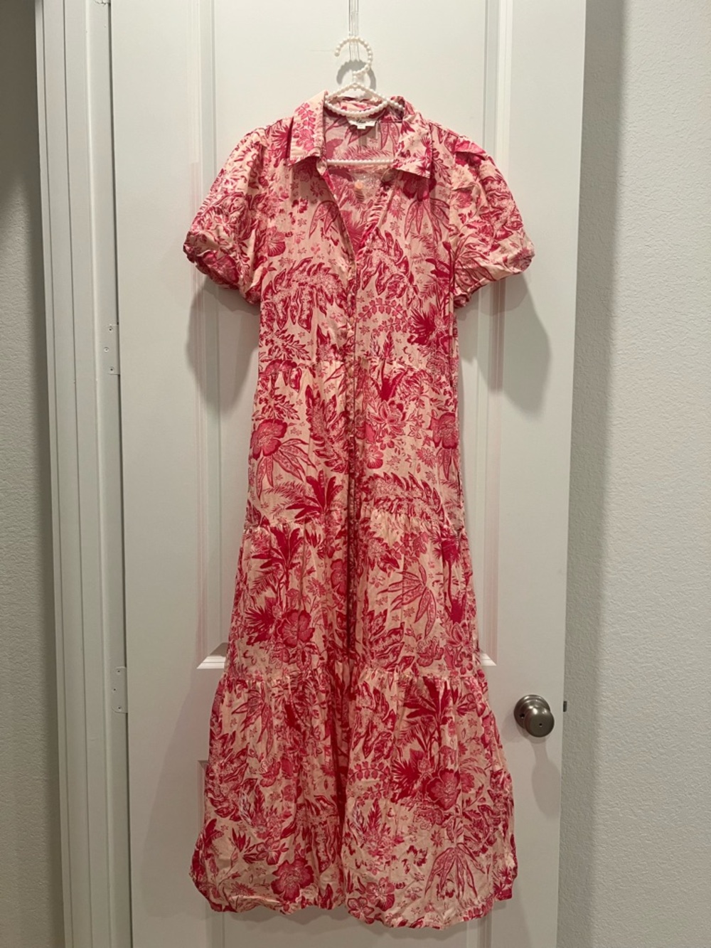 Pink Tropical Print Midi Dress Button Front Flowy Vacation Dress M